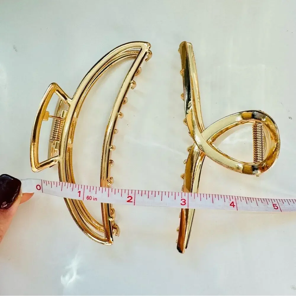 NEW ANTHROPOLOGIE Jumbo XL Crescent Moon Open Gold Metal Hair Claw Clip Set 2
